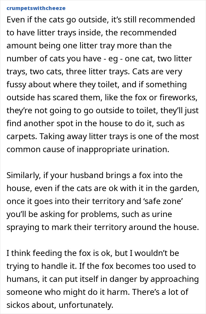 Text about cat litter trays and issues with bringing a pet fox into the house potentially causing urine marking problems.