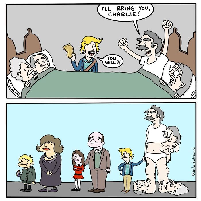 Comic with unexpected endings showing a man promising to bring Charlie and later carrying body parts, dark humor style.
