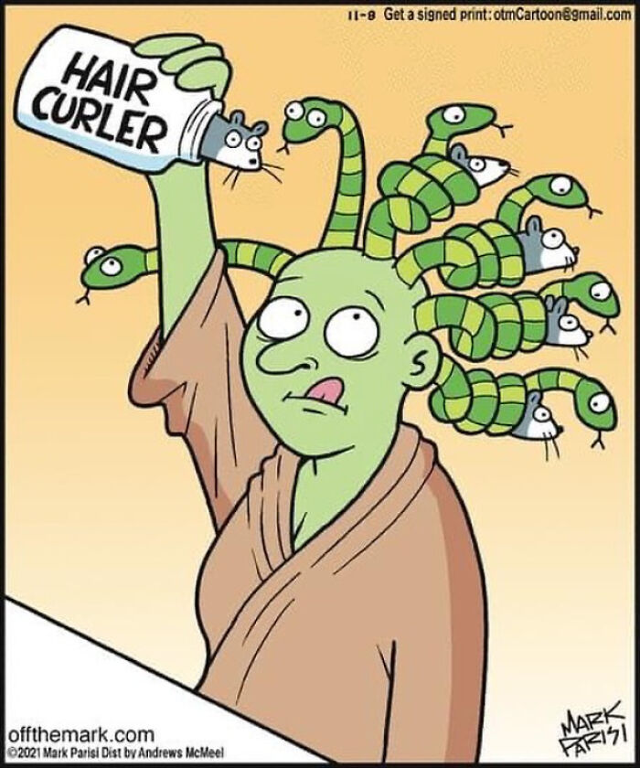 Cartoon of a Medusa-like character using a hair curler bottle to curl snakes, illustrating funny everyday life situations.