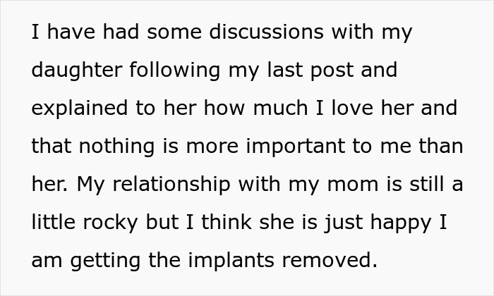 Text about single mom discussing her relationship and decision to remove implants after plastic surgery expenses.