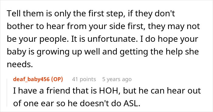 Comment discussing challenges of having a deaf baby and seeking understanding and support from others online.