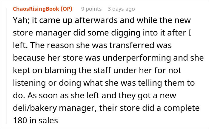 Screenshot of a Reddit comment describing bakery manager changes leading to improved store sales after staff issues.