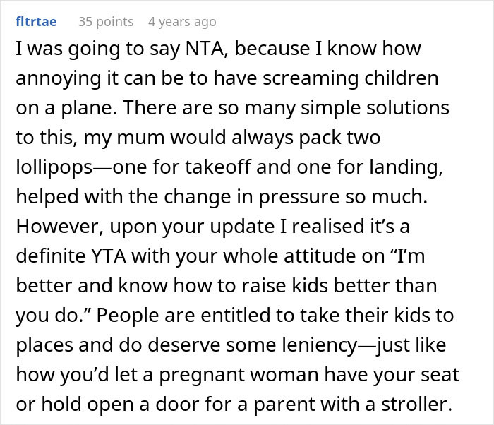 Reddit comment discussing passenger confronting mom during toddler meltdown on a plane about handling the situation poorly.