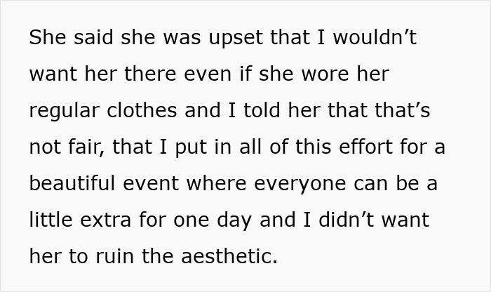 Text excerpt describing a woman defending excluding a friend to preserve the aesthetic of an extravagant ball event.