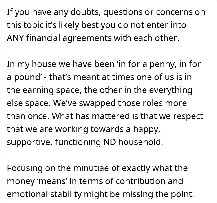 Text about woman refusing to contribute to bills after boyfriend spends heavily on a house, focusing on financial roles.