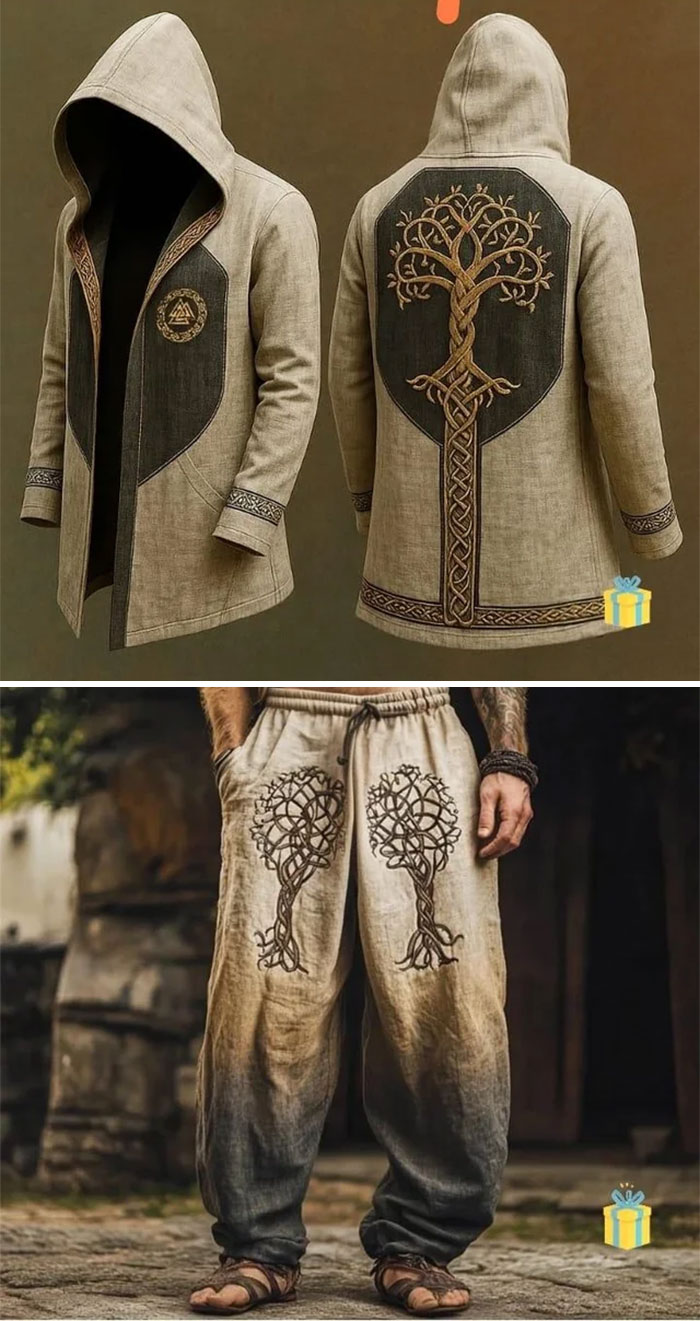 Beige hooded jacket and matching pants with intricate tree and knot designs, styled for casual or themed wedding guests.