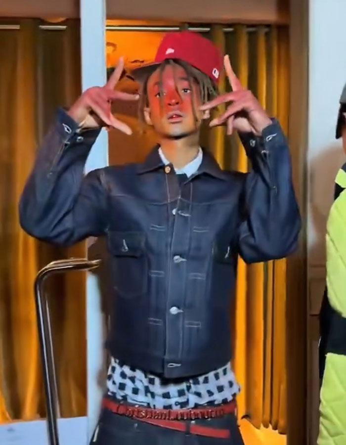 Jaden Smith with red face and unique style posing indoors, sparking hilarious trolling with diaper look in Paris. Jaden Smith with red face and unique style posing indoors, sparking hilarious trolling with diaper look in Paris.