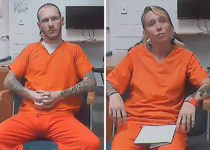 Two individuals in orange prison uniforms seated, related to pit bull horror attack on six-month-old baby case.