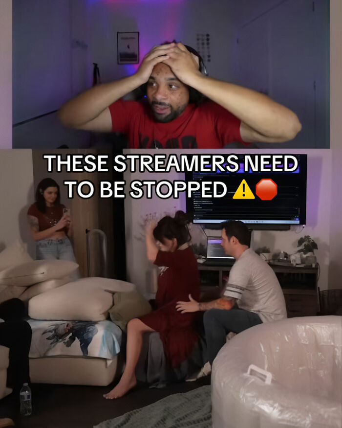 Man reacting in shock to woman giving birth on Twitch livestream while others assist in a living room setting during heated debate.