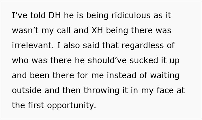 Text discussing a funeral situation involving a mother, partner, and ex-husband and their conflicting feelings.