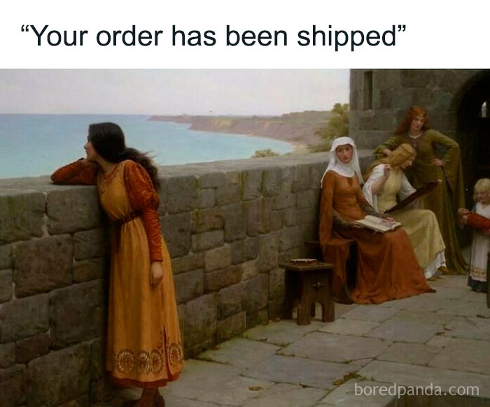 Woman in medieval dress looks out over stone wall by the sea with added modern caption humor from old painting.