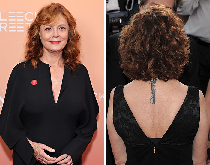 Actress Susan Sarandon in a black dress showing a back tattoo at a red carpet event featuring celebrities with tattoos.