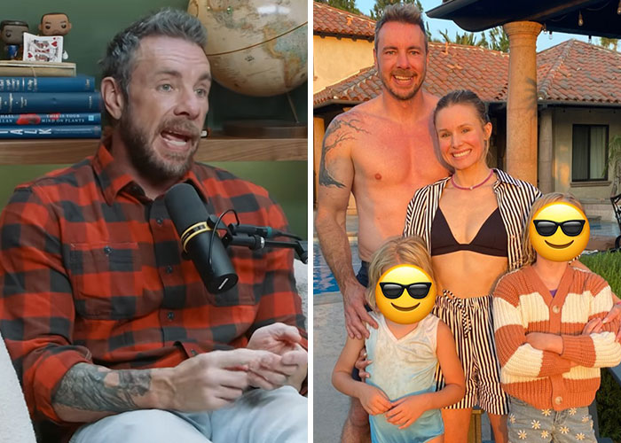 Dax Shepard speaking into a microphone during an interview, and Kristen Bell with family by a poolside in casual wear.