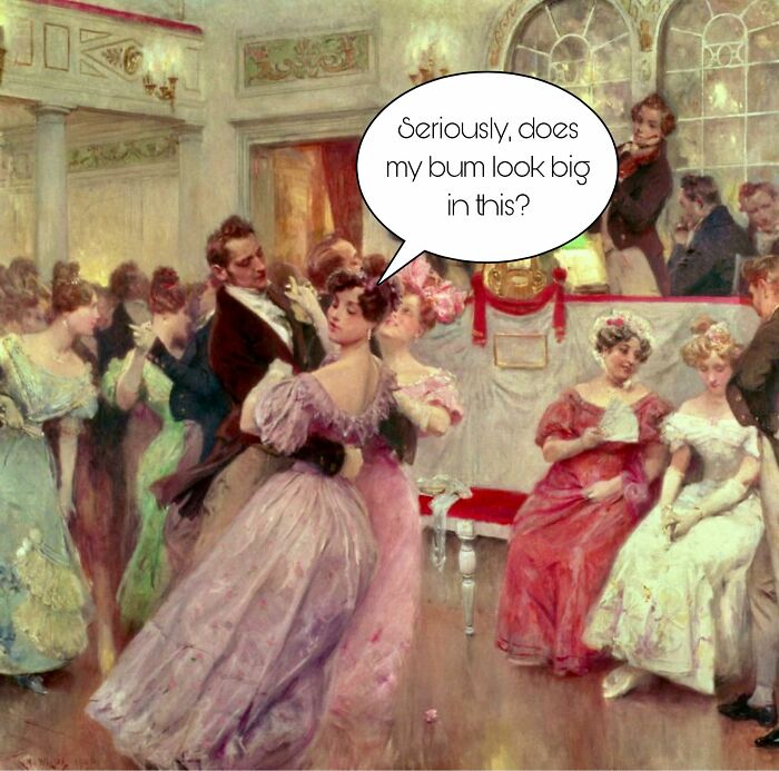 Classical painting of a ballroom scene with stylishly dressed people, featuring a humorous caption meme about appearance.