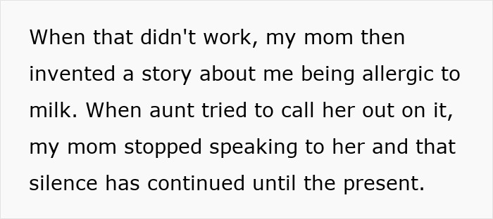 Text describing a parents lied about food allergies to their daughter leading to no contact and ongoing family silence.