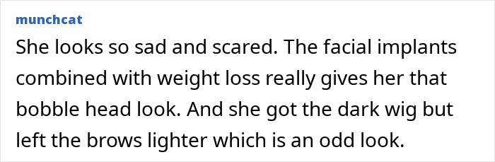 Ariana Grande with dramatic new look featuring facial implants, weight loss effects, and contrasting dark wig and lighter brows.