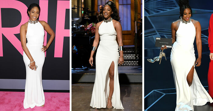 Three celebrities in elegant white dresses highlighting the brutally expensive reality of being famous at various events.