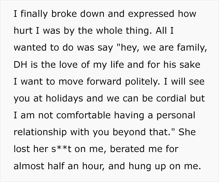 Text excerpt showing a new mom confronting her MIL about uncomfortable family boundaries and unhinged behavior.