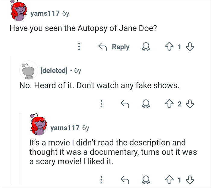 Reddit conversation about watching a scary movie related to interesting and crazy stories from coroners.