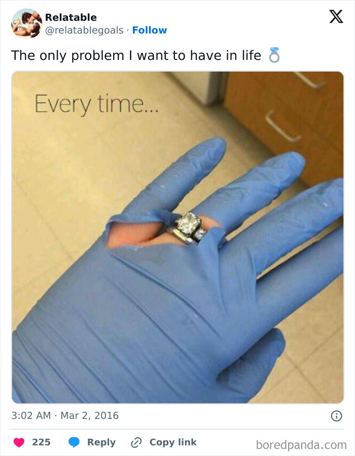 Hand with a ripped blue glove stuck on a ring, illustrating relatable moments in our lives that aren’t an original experience.