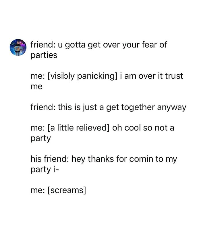 Tweet showcasing chaotic humor about fear of parties and social anxiety from people with studied humor style.