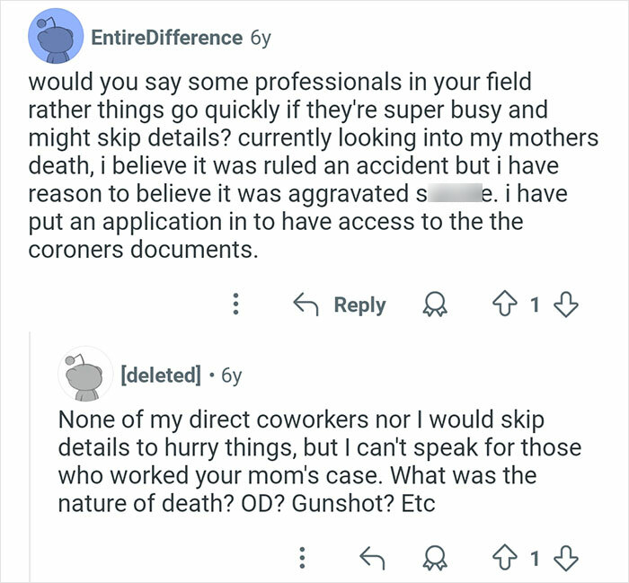 Screenshot of an online discussion about coroners and investigating causes of death in coroner stories.