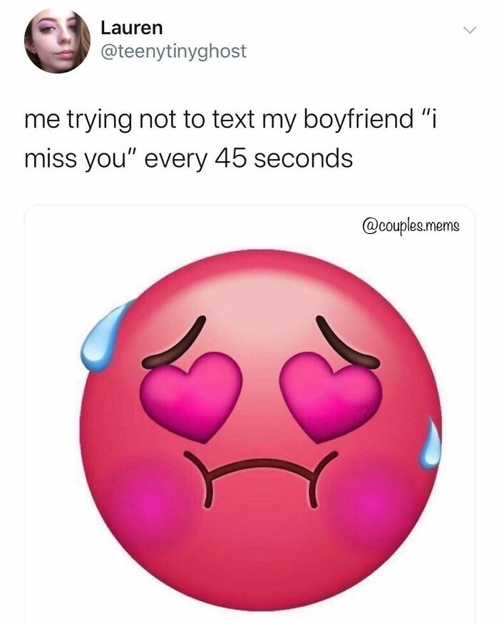 Text meme about trying not to text "I miss you" every 45 seconds, featuring a blushing heart-eyes emoji, relatable relationship humor.