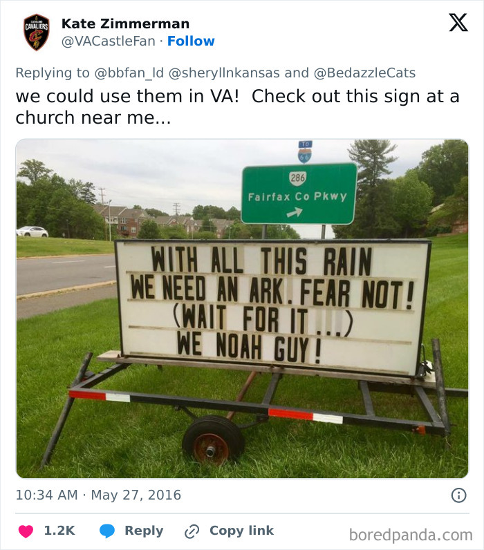 Church sign joke about rain and Noah’s ark displayed on a movable board near a roadside in Virginia.