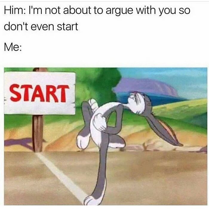 Bugs Bunny confidently stepping past a start line, illustrating relatable relationship humor and arguments.