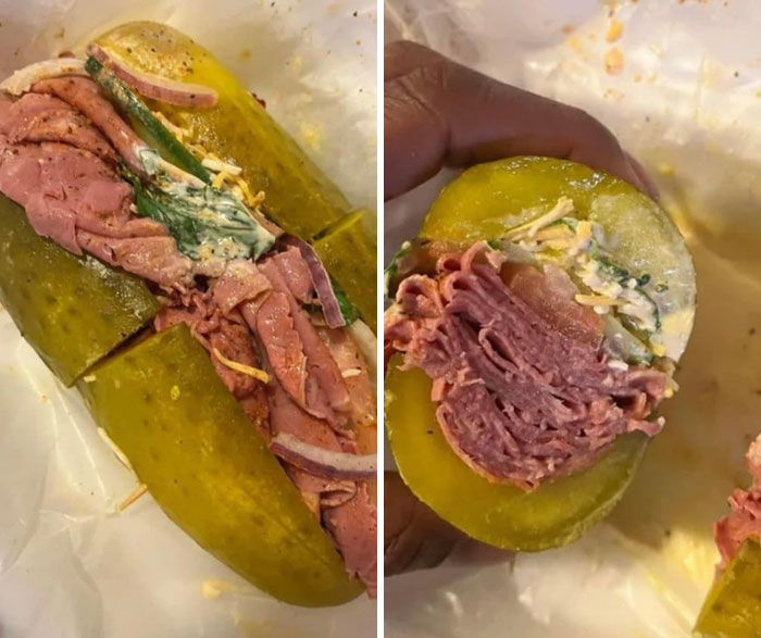 Close-up of a sandwich with layers of meat and cheese inside a pickle, one of the cursed and disgusting pictures of food.