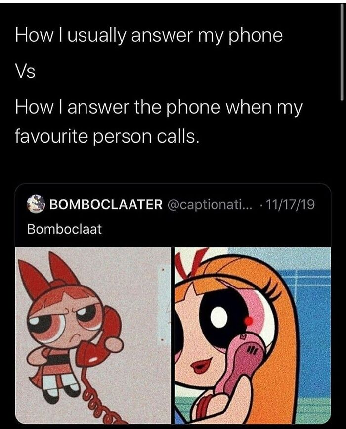 Two cartoon characters answering phones differently, illustrating relatable moments in relationships with funny memes.