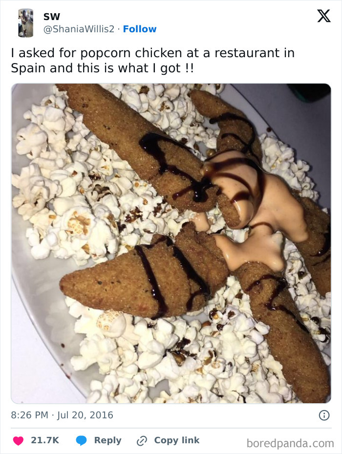 Plate of popcorn chicken served on a bed of popcorn with sauces, showing unhinged people doing exactly what they were asked to do.