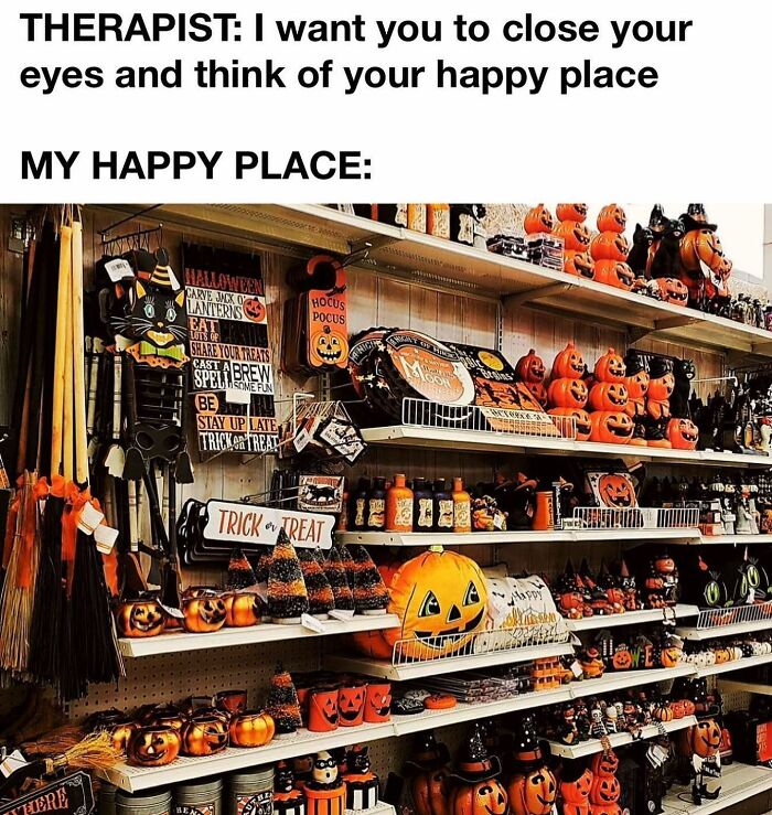Halloween and horror fans happy place with shelves full of pumpkin and spooky themed decorations and treats.