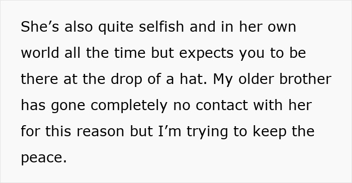 Text excerpt discussing a selfish mum and family tension related to mums bad birthday presents.