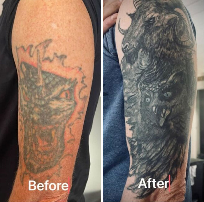 Before and after photos showing a striking tattoo transformation of an animal design on a person’s arm.