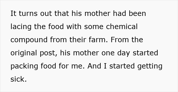 Text excerpt about homemade food being laced with a chemical compound causing sickness in a relationship context. Text excerpt about homemade food being laced with a chemical compound causing sickness in a relationship context.