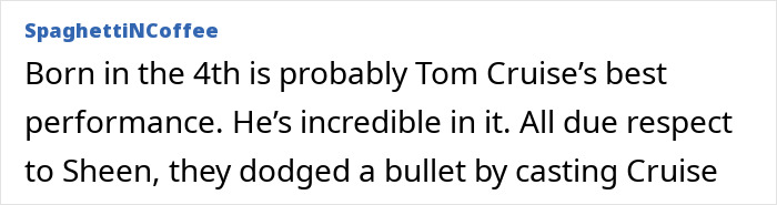 Text excerpt from SpaghettiNCoffee praising Tom Cruise’s performance, mentioning Charlie Sheen and Emilio Estevez news. Text excerpt from SpaghettiNCoffee praising Tom Cruise’s performance, mentioning Charlie Sheen and Emilio Estevez news.