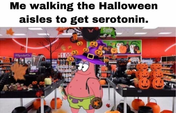 Animated Patrick Star wearing a witch hat shopping in Halloween aisles filled with pumpkins and decorations for horror fans.