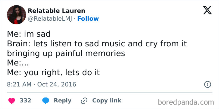 Tweet about feeling sad and the relatable moment of choosing to listen to sad music and cry, a specific moment in our lives.