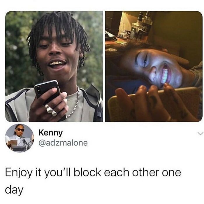Two people smiling and texting on phones, paired with a meme about relatable relationship moments.