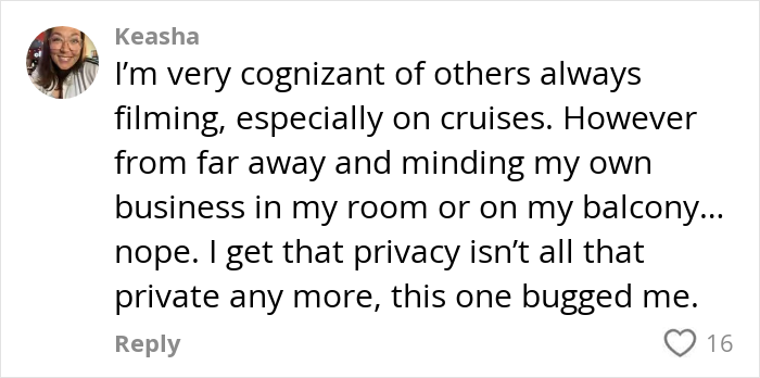 User comment about privacy concerns on cruises sparked by viral video of strangers sleeping on cruise balcony debate.