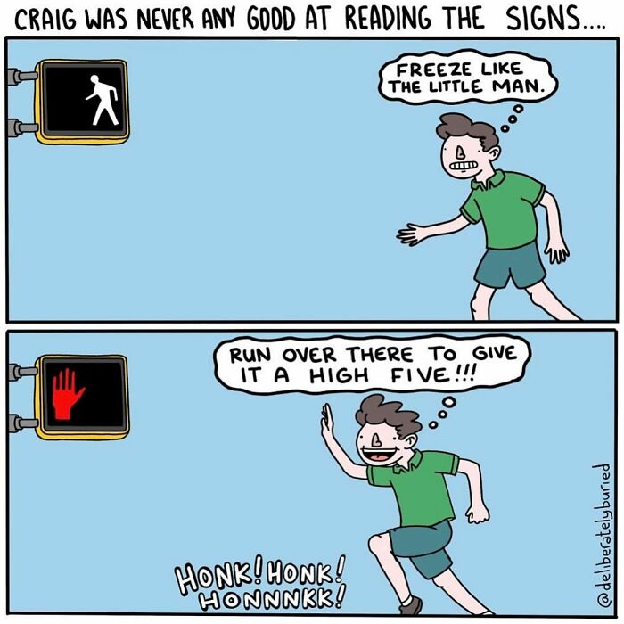 Comic panel shows a man misunderstanding pedestrian signals with dark humor in an artist’s unexpected ending comic.