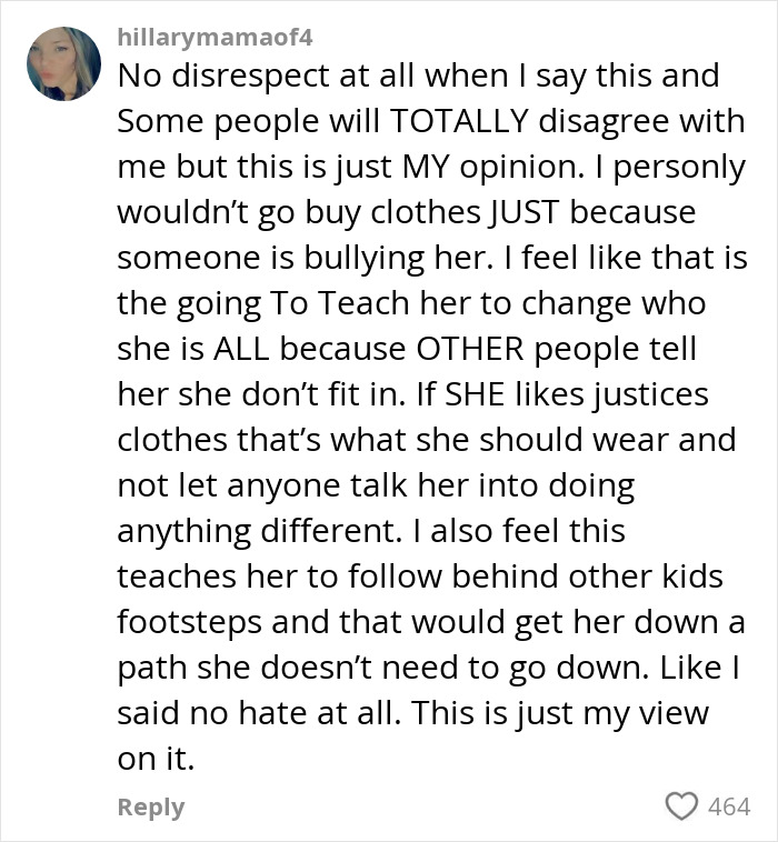 Comment discussing a mom venting about daughter getting bullied for her clothes and brands stepping up to help.