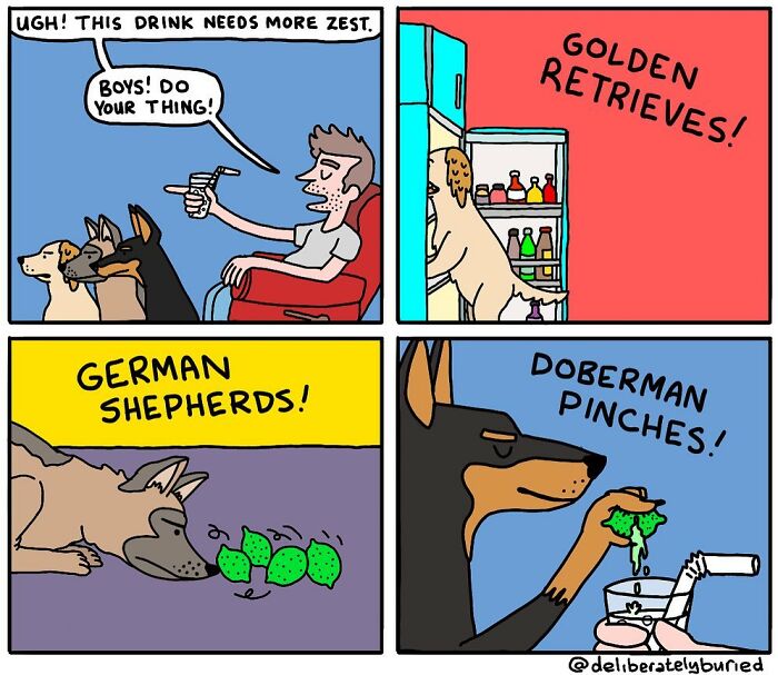 Comic panels showing dogs creatively adding zest to a drink, featuring dark humor and unexpected endings.