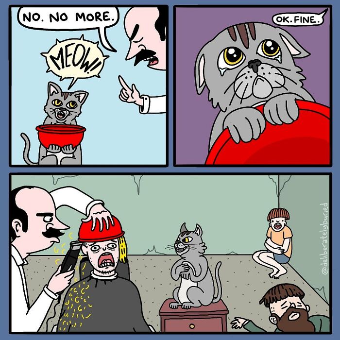 Comic panels showing a dark humor comic with a man refusing a cat's meow, then cutting a person's hair with the cat watching.