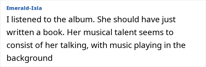 Screenshot of a comment criticizing Lily Allen's album, reflecting a clapped back response linked to David Harbour's friend.