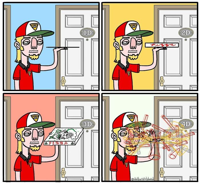 Comic artist humorously illustrates a pizza delivery with unexpected endings for fans of darker humor in four-panel style.