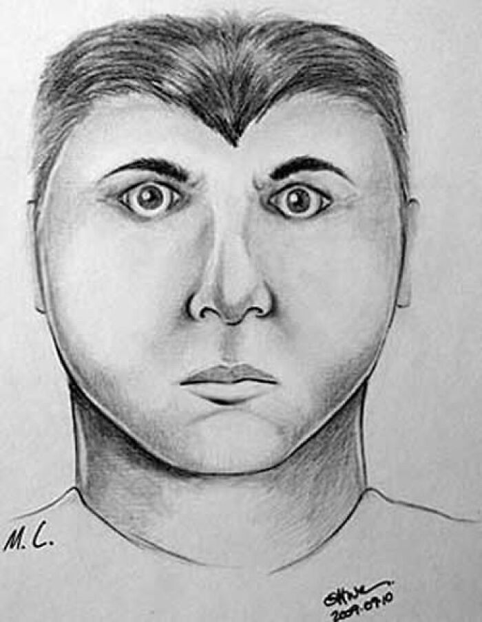 Police sketch with exaggerated facial features resembling a bad caricature drawing in black and white.