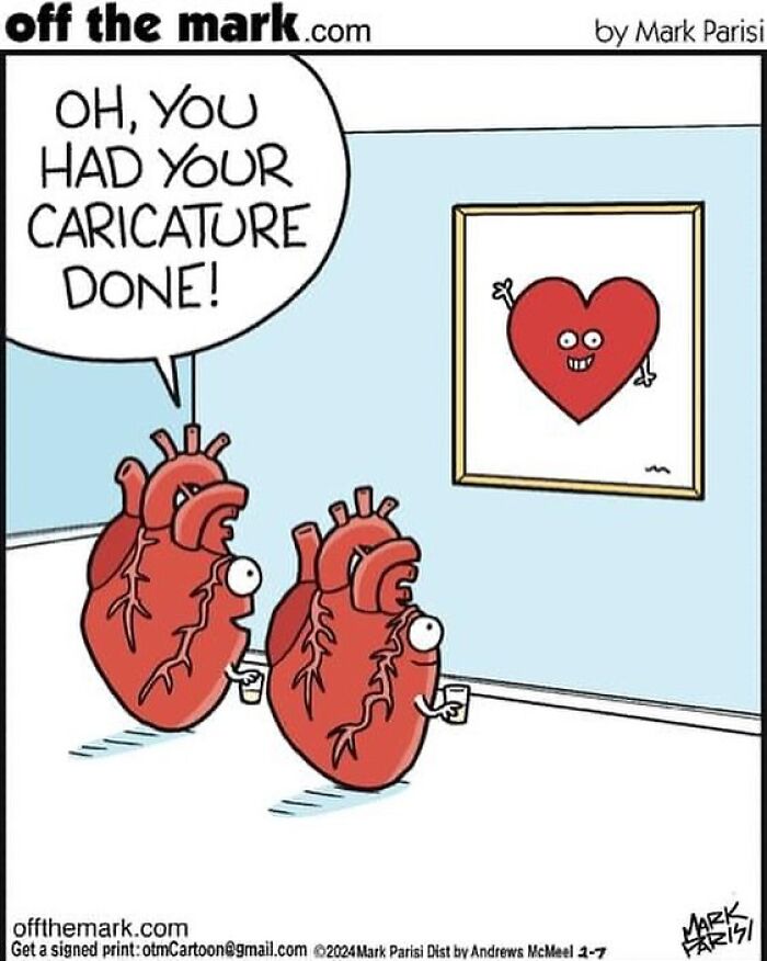 Two cartoon hearts admiring a caricature of a smiling heart on a wall, illustrating hilarious everyday life cartoons.