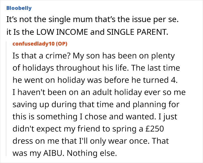 Woman upset after bride-to-be asks her to pay for her own bridesmaid dress, discussing low income and single parent issues.